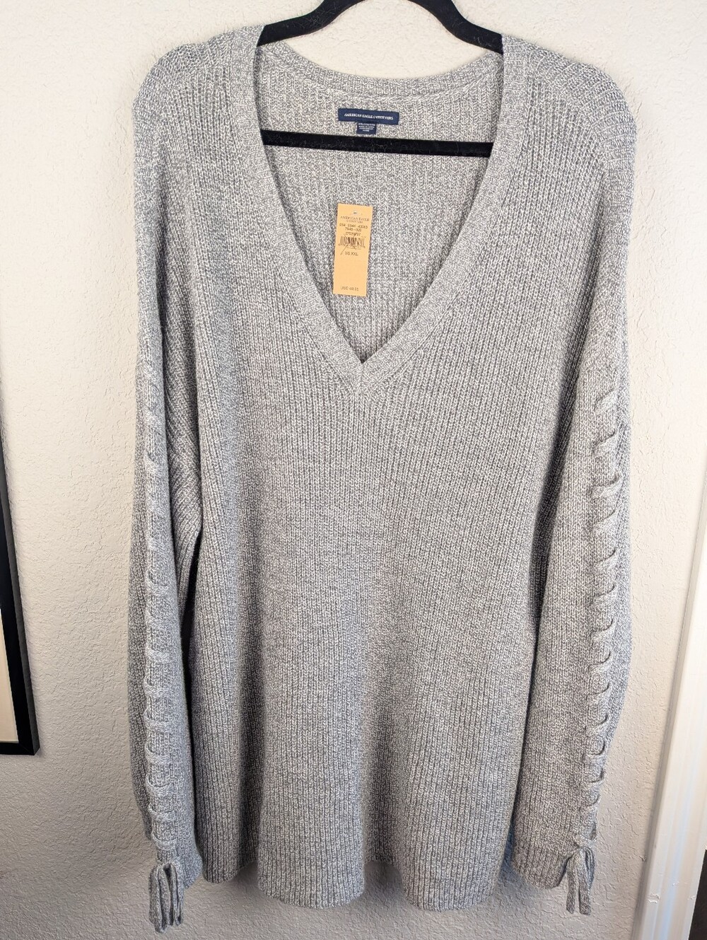 NWT American Eagle Tunic Length Sweater XXL Heathered Gray Tie Sleeves V Neck